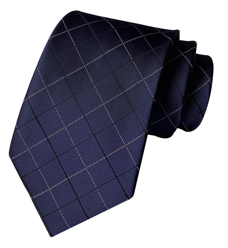 Elfeves Men's Navy Blue Ties Urban Plaid Checks Patterned Spring Summer Wedding Groom Silk Neckties - Image 1
